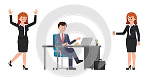 Young man sitting at the desk, using laptop. Young woman holding coffee, happily laughing. Vector illustration of cartoon characte