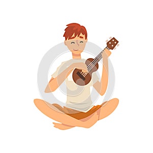 Young Man Sitting on Floor and Playing Ukulele, Guy Spending Weekend at Home and Relaxing, Rest at Home Vector