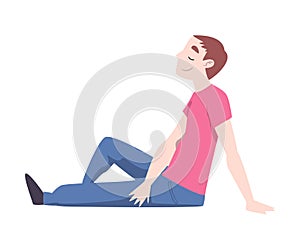 Young Man Sitting on Floor and Resting, Relaxed Person Character Cartoon Style Vector Illustration photo