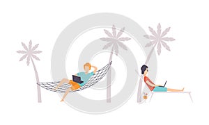 Young Man Sitting in Hammock in Front of Laptop and Working from Home Vector Set