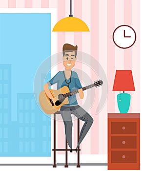 Young man sitting on high chair playing acoustic guitar, musician guitarist at home sing songs