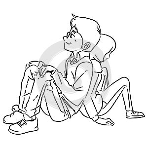 Young man is sitting while leaning on his girlfriend\'s back with a bashful expression