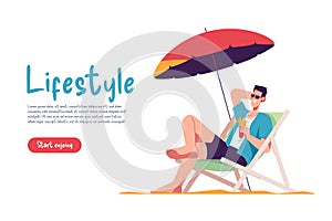 Young man sitting in lounge deck chair at the beach and relaxing drinking cocktail. Vector illustration