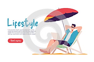 Young man sitting in lounge deck chair at the beach and relaxing. Vector illustration