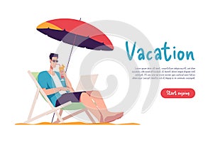 Young man sitting in lounge deck chair at the beach, working online with laptop and drinking juice. Vector illustration