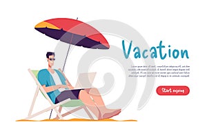 Young man sitting in lounge deck chair at the beach and working online with laptop. Vector illustration