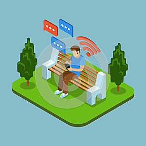 Young man sitting in the park and sending messages with smartphone. Vector 3d isometric illustration