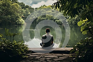 Young man sitting peacefully by tranquil lake. Generative AI