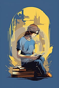 Young man sitting on a pile of books and reading a book. Vector illustration