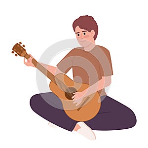 Young man sitting and playing guitar semi flat color vector character
