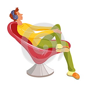 Young man sitting on the red armchair wearing headphones and listening to music. Vector colorful illustration in cartoon