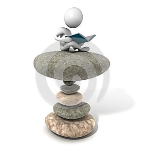 Young man sitting on stack of stones with the book