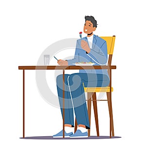 Young Man Sitting at Table in Restaurant or Cafe Having Meal. Hungry Male Character Eating Food. Hospitality Service