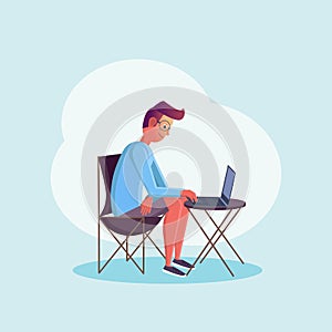 Young man sitting at the table and working at his laptop. Flat design style. Freelance worker character on isolated background