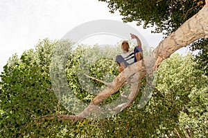 Young man sitting on a tree