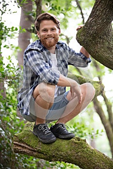 young man sitting on tree branch