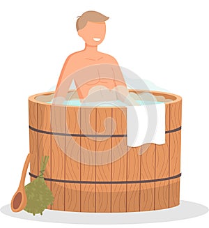 Young man sitting in tub washing his body in sauna. Bathhouse, guy in barrel is resting in sauna