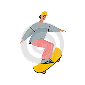 Young man skateboard flat vector illustration card