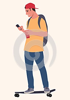 Young man on skateboard using smart phone