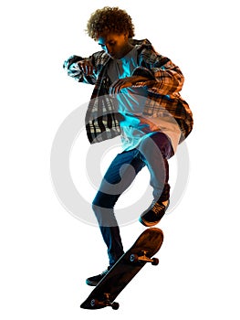 Young man skateboarder Skateboarding isolated white background shadow silhouette