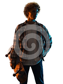 young man skateboarder Skateboarding isolated white background shadow silhouette