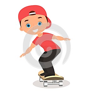 Young man skateboarding. Cartoon boy skater riding a skateboard and doing a skateboard trick. Flat design. Vector illustration eps