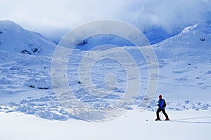 Young man skiing in the Retezat Mountains in a beautiful sunny day.