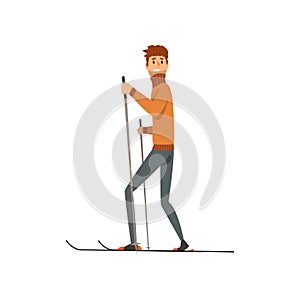 Young man skiing, sport and physical activity concept vector Illustration on a white background