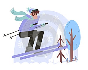 Young man skiing in sportswear in winter forest