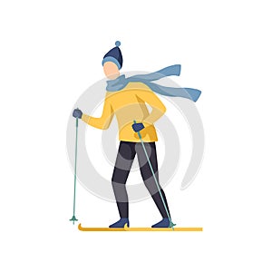 Young man skiing, winter time activities vector Illustration on a white background