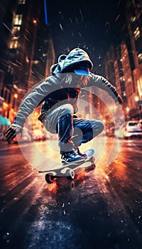 Young Man Skill Courage Skateboarding Night Street Design Illuminated Lines. Generative ai