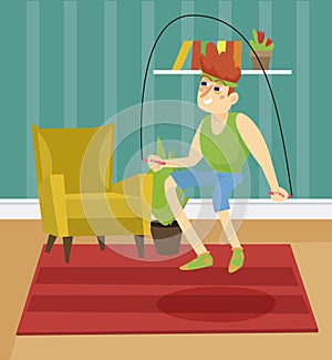 Young man skipping with jump rope on the background of living room apartment colorful vector illustration