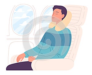 Young man sleep on the plane. Vector illustration