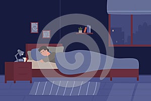 Young man sleeping in his bed. Cartoon boy room bedroom at night