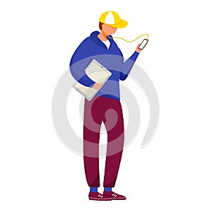 Young man with smartphone and tablet flat vector illustration