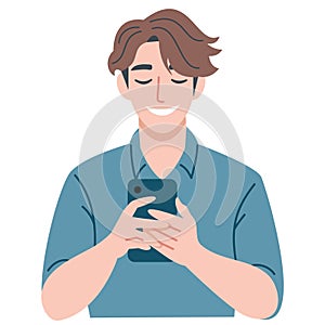 The young man smiles and looks up from his phone. Flat vector illustration, white background