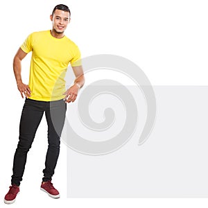 Young man smiling copyspace marketing ad advert empty blank sign isolated on white