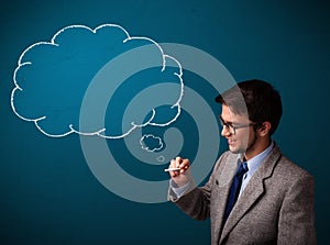 Young man smoking cigarette with idea cloud
