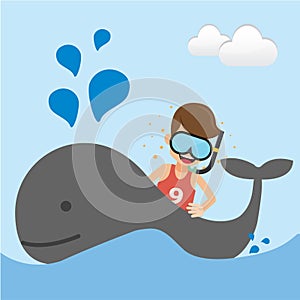Young Man with Snorkeling and Whale in the Sea. Concept Travel Vector Illustration Flat Style.