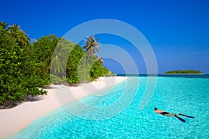 Young man snorkling in tropical island with sandy beach photo