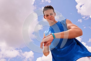 Young Man Sports Training Fitness Fitwatch Steps Counter