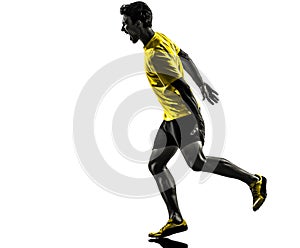 Young man sprinter runner running muscle strain cramp silhouette photo