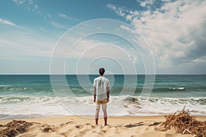 Young man standing on the beach and looking at the sea. Summer vacation concept, Male tourist standing in front of a sandy beach
