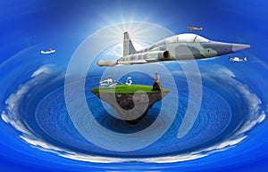 young man standing on floating island with air plane flying above