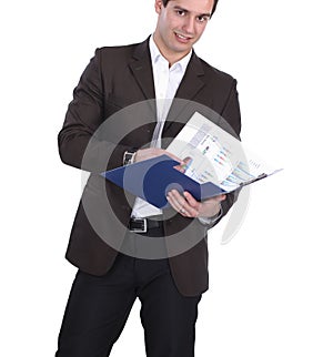 Young man standing with folder, isolated on white background