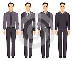 Young man standing in full growth in different formal clothes. Man in elegant and casual clothes. Basic wardrobe. Vector illustrat