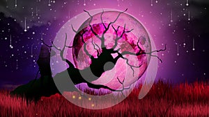 Young man standing on a giant branch looking at moon, digital art style, shooting stars, night fantasy, loop animation background