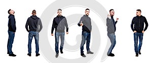 The young man is standing. The guy in jeans and a blue sweater. Profile, back and front views. Full height. Collage, set of images