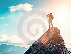 young man standing on a mountain hill and looking into the binoculars in the distance, vision for success ideas