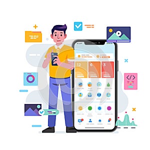 Young man standing beside phone screen with display of e commerce application and payment with various features GUI UI templates